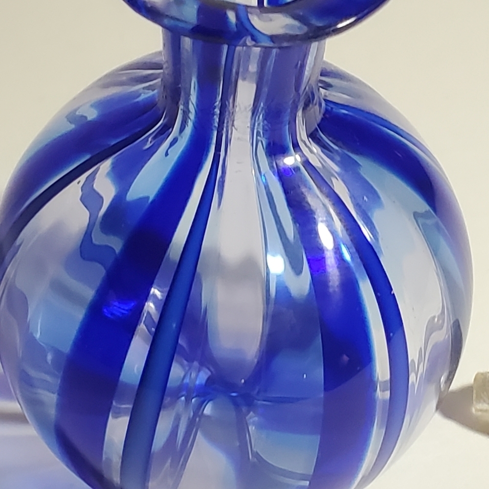 VINTAGE MURANO Glass Perfume Bottle 2 Piece Gold Top, Cobalt Blue Ribbon Strands - Picture 6 of 13